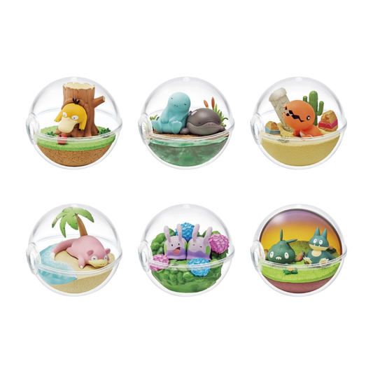 Re-Ment Pokémon Terrarium - Relaxing Moments Blind Box featuring mini Pokémon figures in detailed terrarium settings.