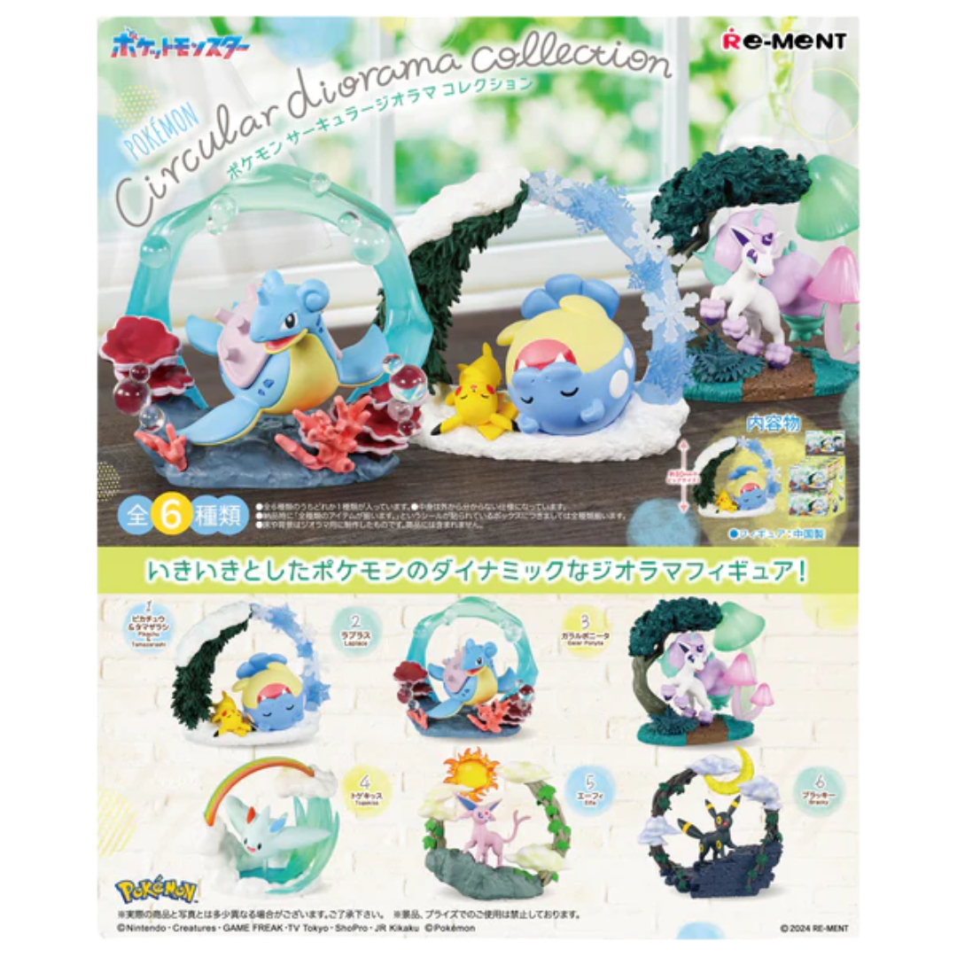 Re-Ment Pokémon Circular Diorama Blind Box set featuring six highly detailed miniatures of iconic Pokémon scenes, perfect for collectors and fans.