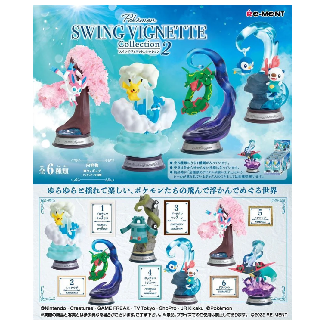 Re-Ment Pokémon Vignette Collection Vol.2 blind box set featuring six highly detailed Pokémon mini dioramas with iconic scenes and characters.