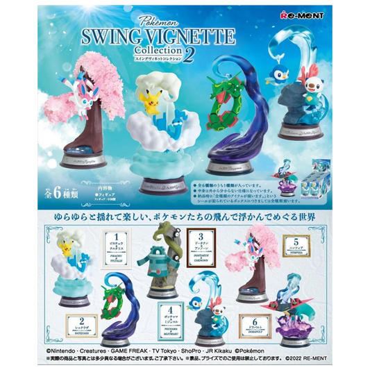 Re-Ment Pokémon Vignette Collection Vol.2 blind box set featuring six highly detailed Pokémon mini dioramas with iconic scenes and characters.