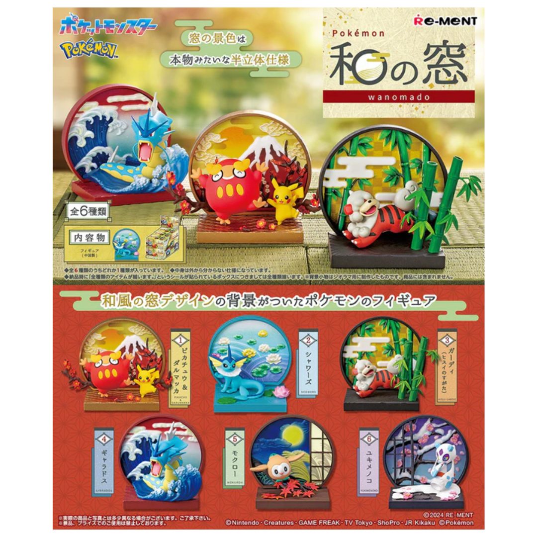 Re-Ment Pokémon Wanomado Blind Box Set of 6 featuring Japanese-style window dioramas with popular Pokémon characters in traditional settings.
