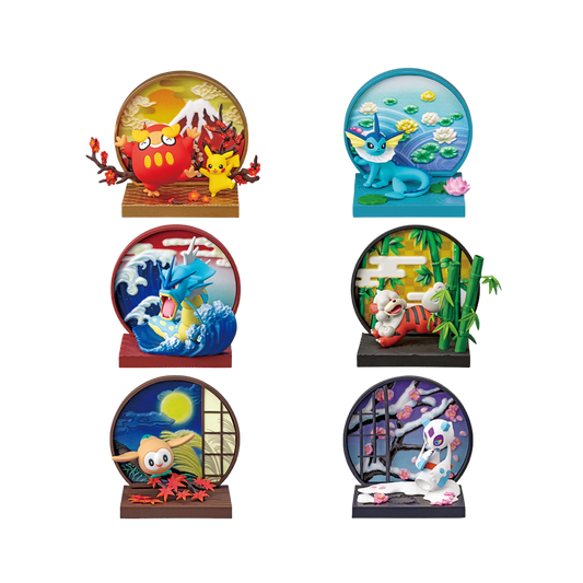 Re-Ment Pokémon Wanomado Blind Box Set of 6 featuring Japanese-style window dioramas with popular Pokémon characters in traditional settings.