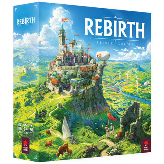 Rebirth 2nd Edition board game box and components for strategic tabletop gameplay