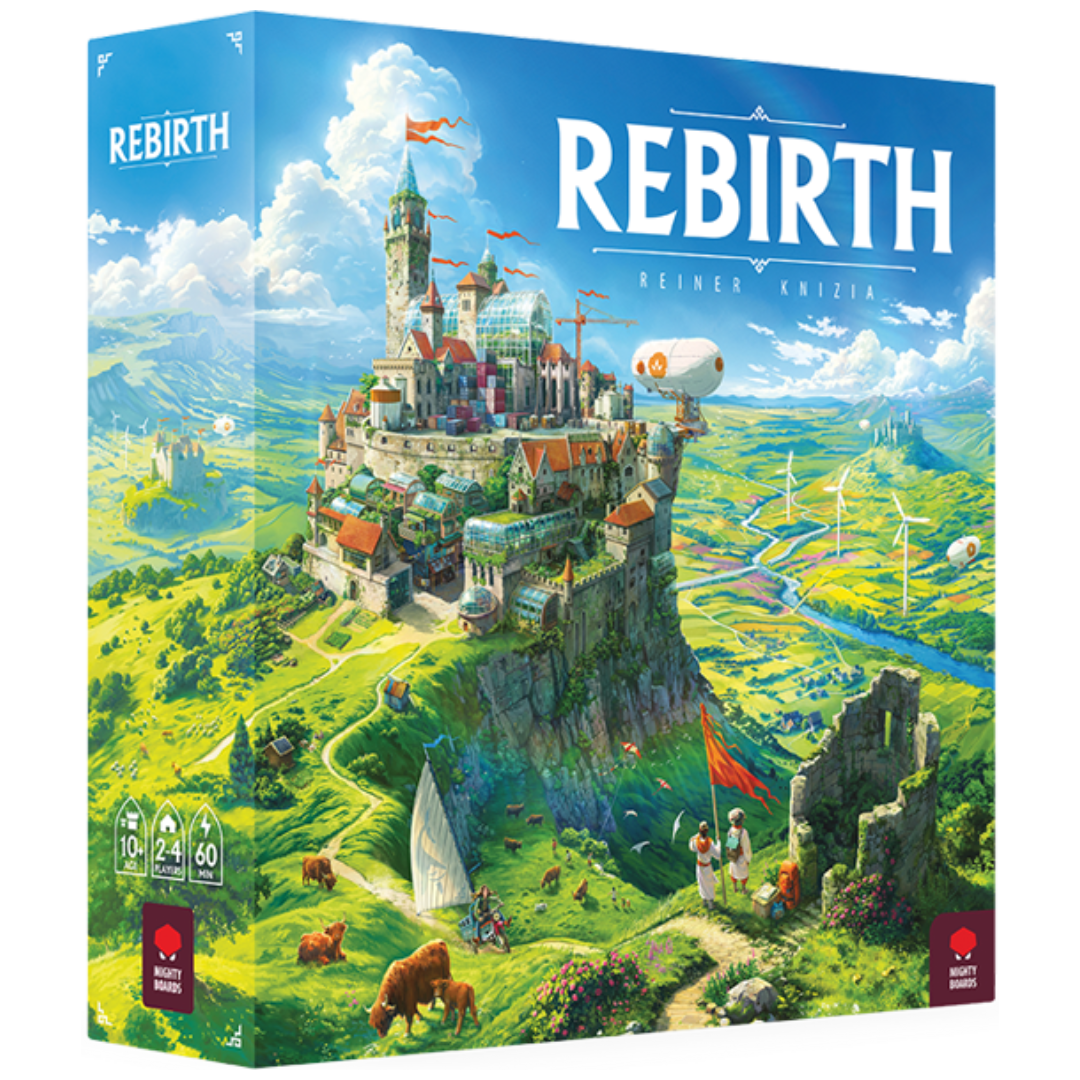 Rebirth board game box art featuring a rebuilt city and landscape by Reiner Knizia