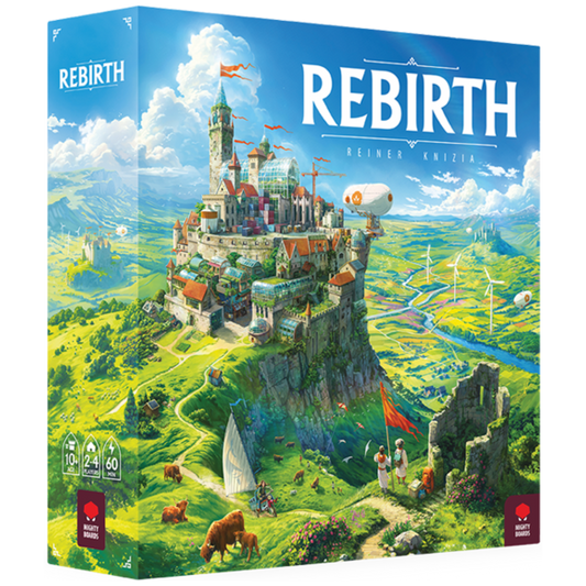Rebirth board game box art featuring a rebuilt city and landscape by Reiner Knizia