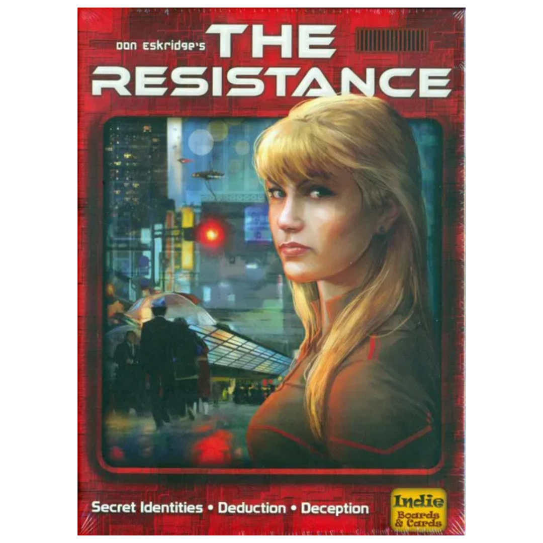 The Resistance card game box featuring dystopian social deduction gameplay with secret roles and high-stakes team missions