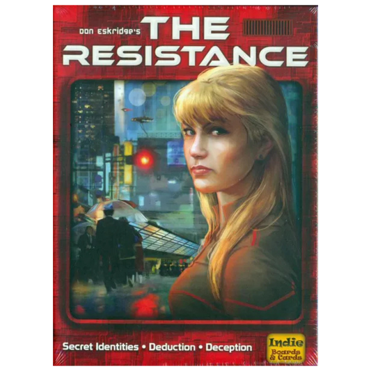 The Resistance card game box featuring dystopian social deduction gameplay with secret roles and high-stakes team missions