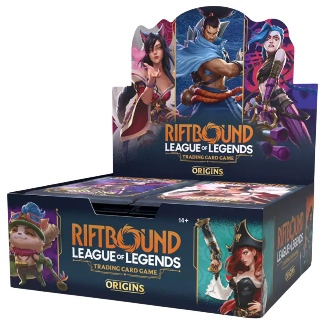 Riftbound League of Legends TCG Origins Booster Box, sealed trading card game set with champions and abilities from Runeterra for collectors and competitive players.
