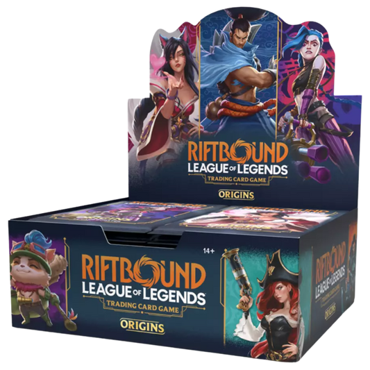 Riftbound League of Legends TCG Origins Booster Box, sealed trading card game set with champions and abilities from Runeterra for collectors and competitive players.