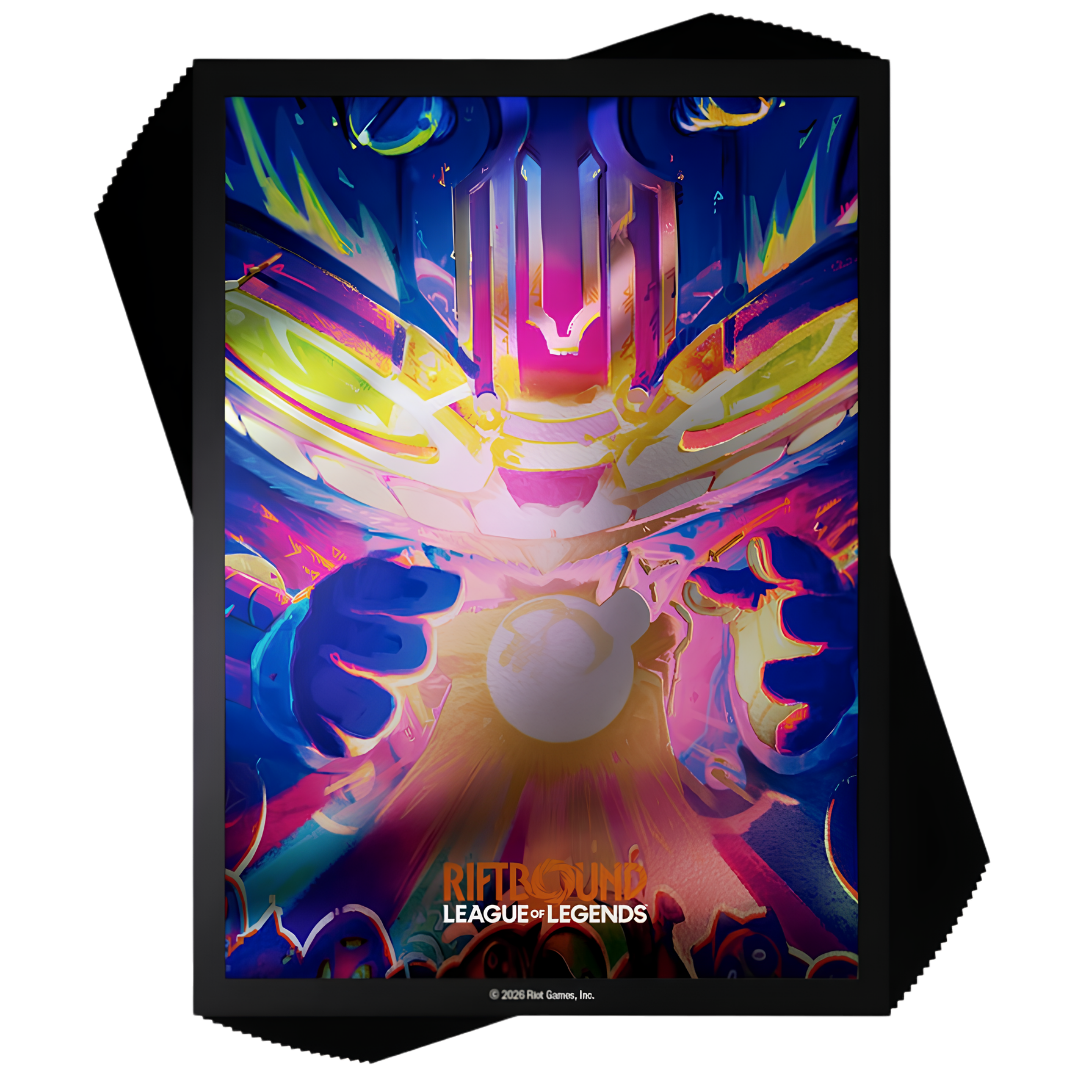 Riftbound Radiance Ziggs art sleeves featuring vivid Champion artwork and the League of Legends logo.