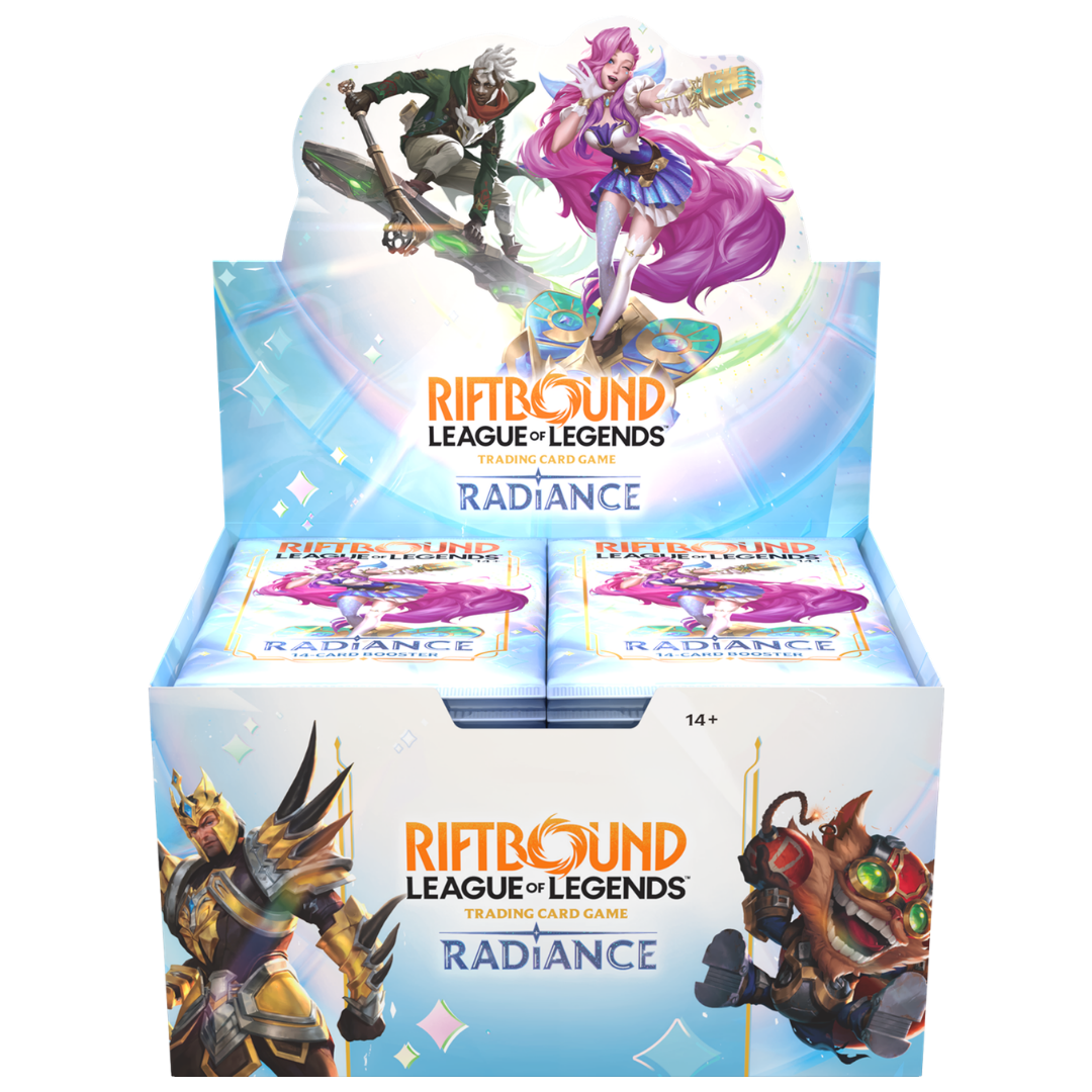 Riftbound Radiance booster box containing 24 packs with Ekko, Seraphine, Jarvan IV, and Ziggs artwork.
