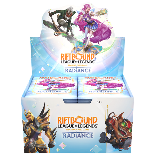 Riftbound Radiance booster box containing 24 packs with Ekko, Seraphine, Jarvan IV, and Ziggs artwork.