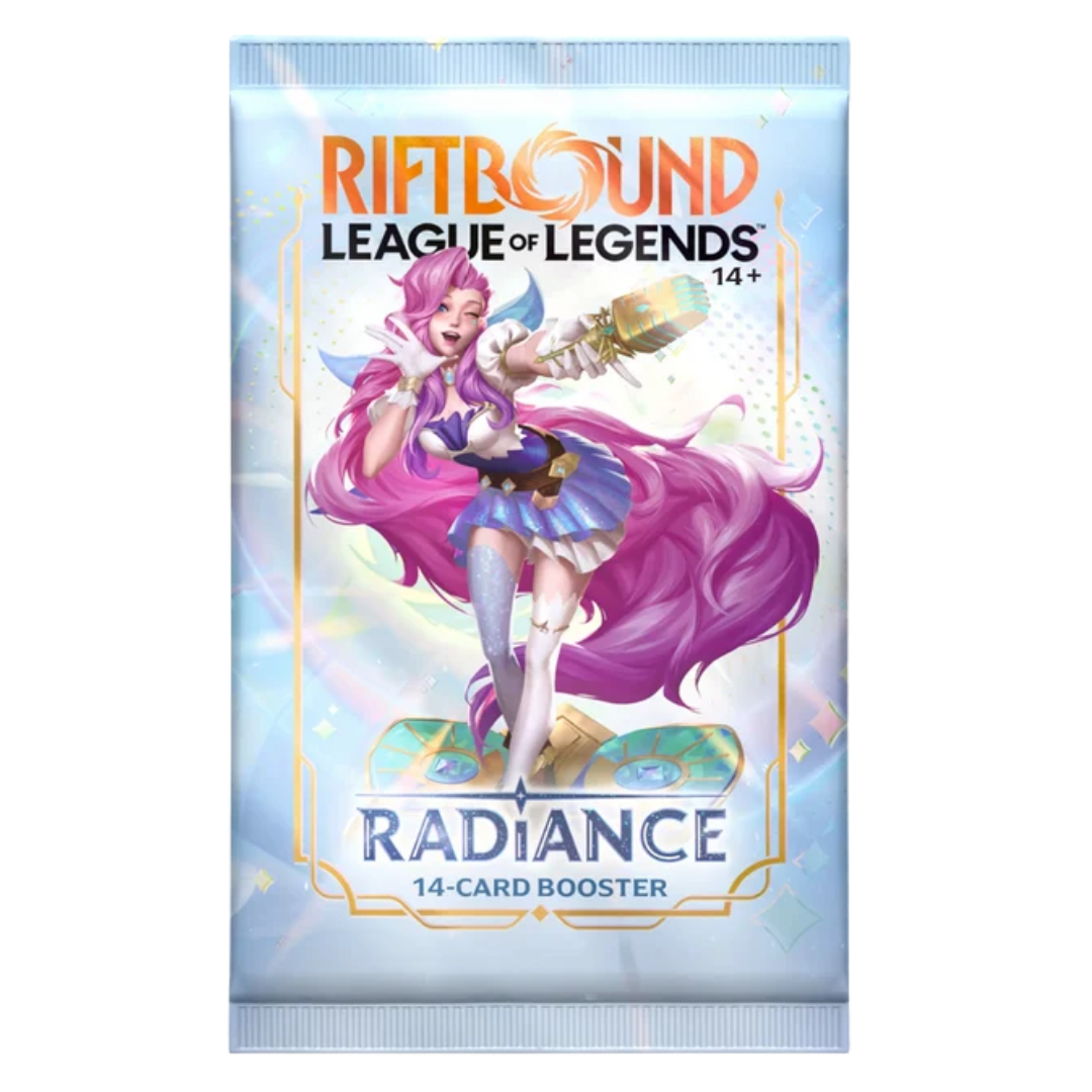 Riftbound Radiance 14-card booster pack featuring Seraphine artwork.