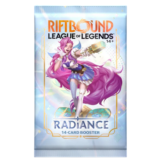 Riftbound Radiance 14-card booster pack featuring Seraphine artwork.