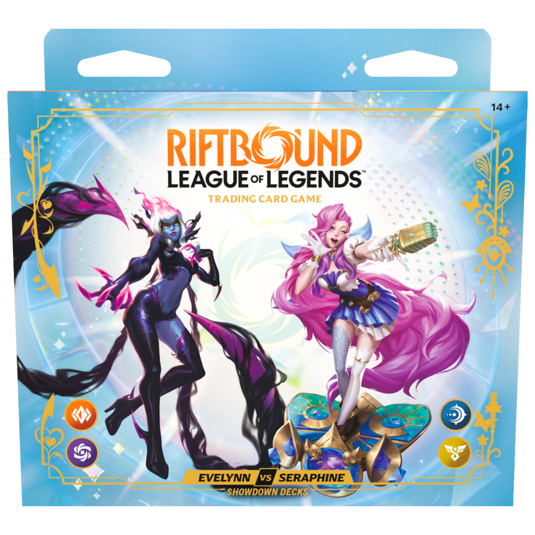 Riftbound Radiance Evelynn vs Seraphine Showdown Deck box featuring both League of Legends Champions.