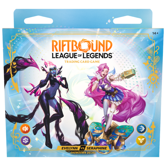 Riftbound Radiance Evelynn vs Seraphine Showdown Deck box featuring both League of Legends Champions.