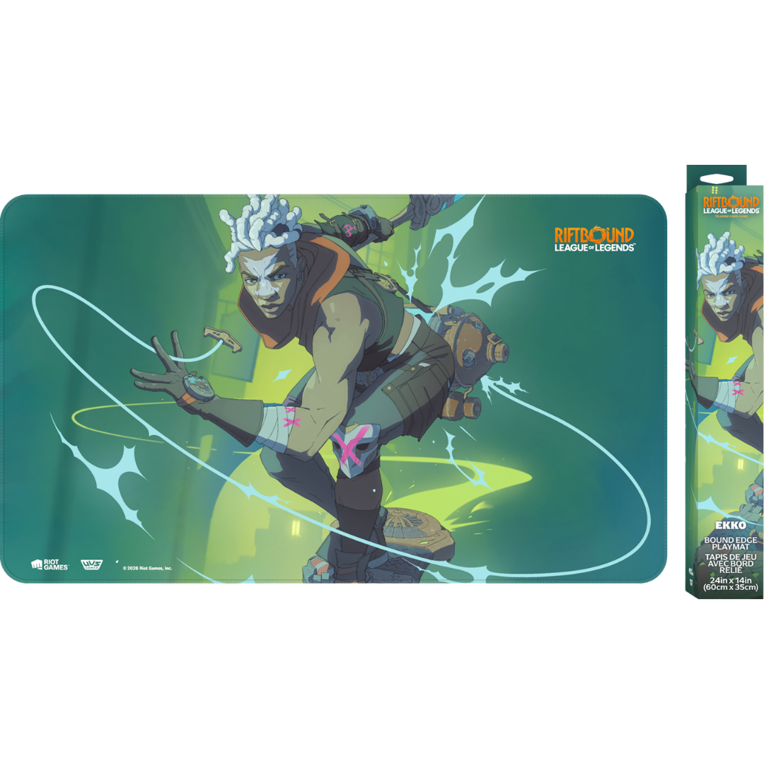 Riftbound Radiance Ekko playmat with stitched edges, rubber backing, and full-color Champion artwork.