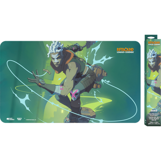 Riftbound Radiance Ekko playmat with stitched edges, rubber backing, and full-color Champion artwork.