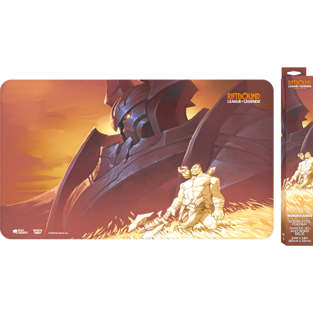 Riftbound Radiance Mordekaiser playmat with stitched edges, rubber backing, and full-color Champion artwork.