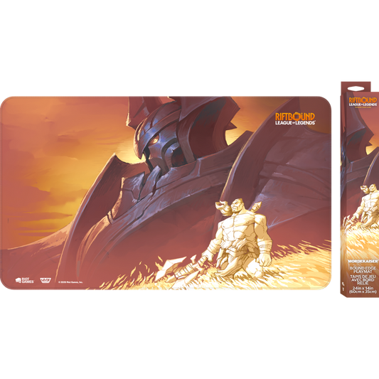 Riftbound Radiance Mordekaiser playmat with stitched edges, rubber backing, and full-color Champion artwork.