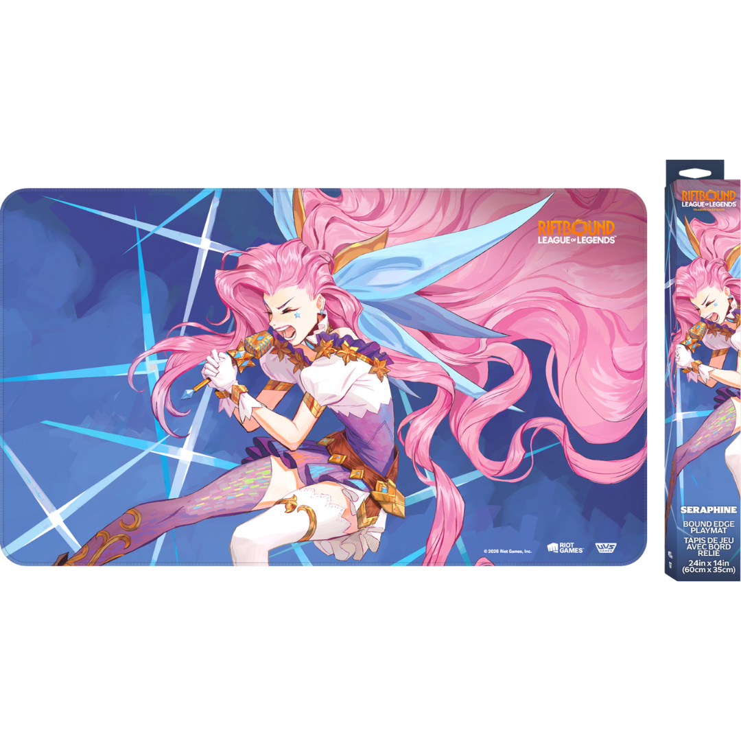 Riftbound Radiance Seraphine playmat with stitched edges, rubber backing, and colorful Champion artwork.