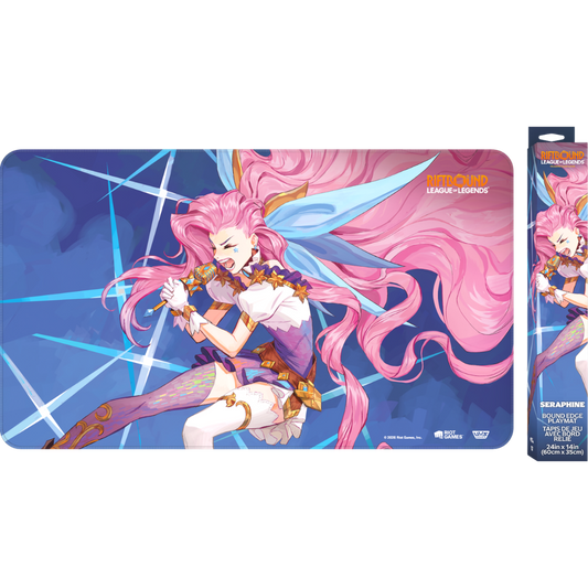 Riftbound Radiance Seraphine playmat with stitched edges, rubber backing, and colorful Champion artwork.