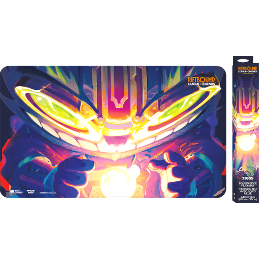 Riftbound Radiance Ziggs playmat with stitched edges, rubber backing, and vivid full-color Champion artwork.