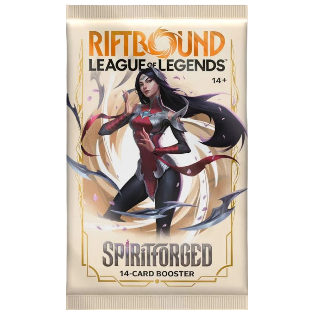 Riftbound League of Legends TCG Spiritforged booster pack sealed packaging featuring Spiritforged artwork and branding