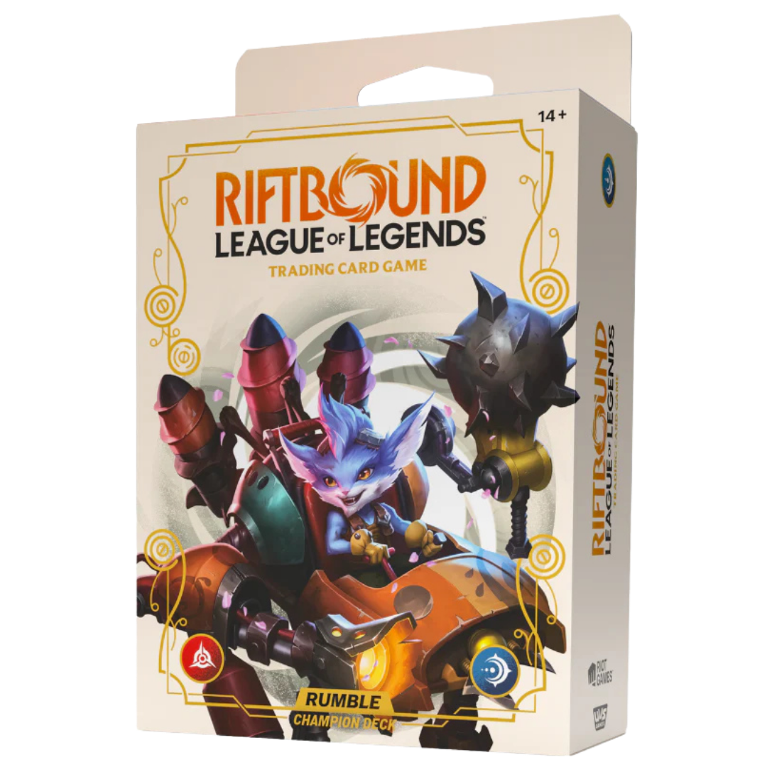 Riftbound League of Legends TCG Spiritforged Champion Deck Rumble box art featuring Rumble in a mechanical battle suit