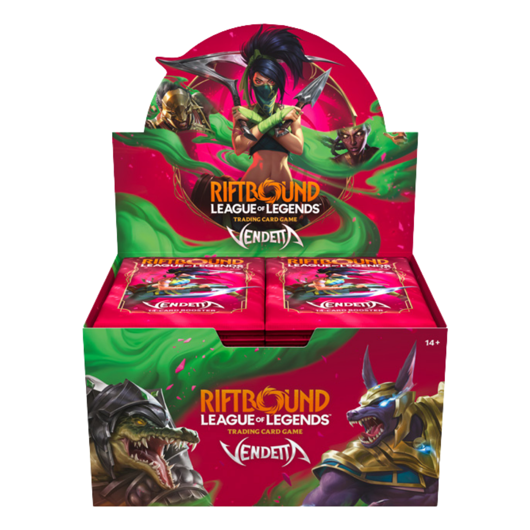 Riftbound League of Legends Vendetta Booster Box featuring Champions, 24 booster packs, and collectible Showcase cards