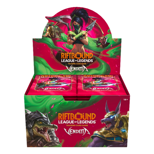 Riftbound League of Legends Vendetta Booster Box featuring Champions, 24 booster packs, and collectible Showcase cards