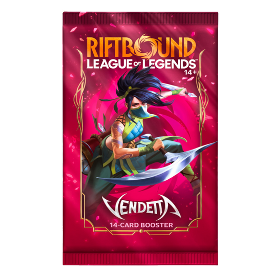 Riftbound League of Legends TCG Vendetta booster pack featuring champion artwork and collectible trading cards