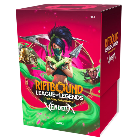 Riftbound League of Legends TCG Vendetta Vault with 6 booster packs, runes, tokens and storage box