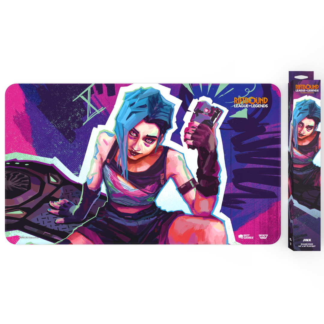 Riftbound League of Legends TCG Jinx playmat with vibrant artwork and non-slip rubber backing