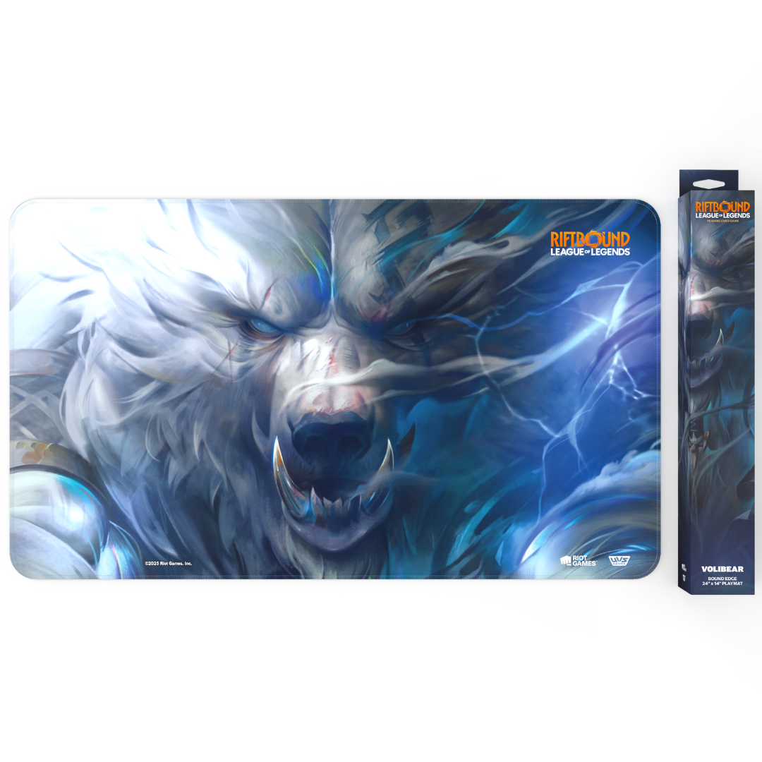 Riftbound League of Legends TCG Volibear playmat with storm artwork and non-slip rubber backing