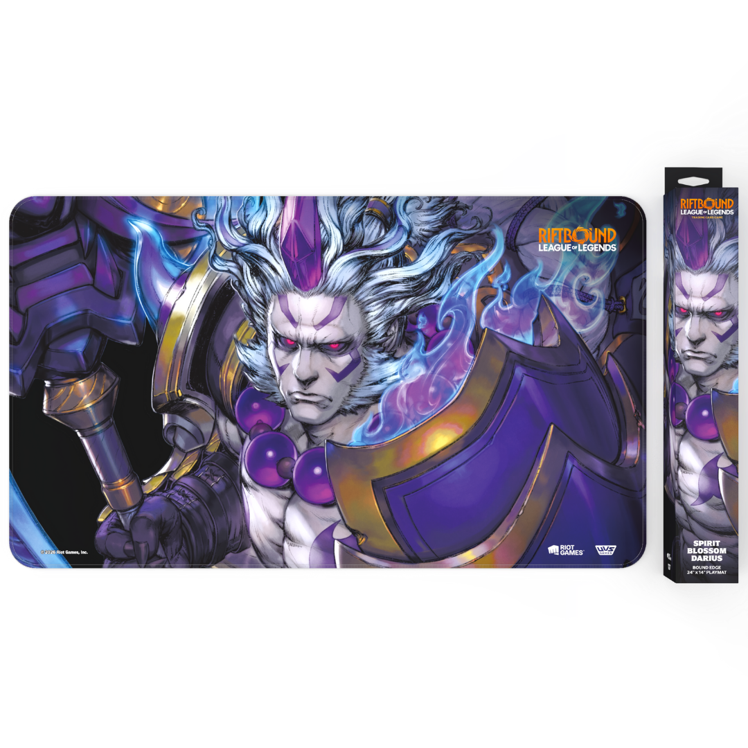 Riftbound League of Legends TCG Spiritforged playmat featuring Spirit Blossom Darius artwork on a non slip gaming mat