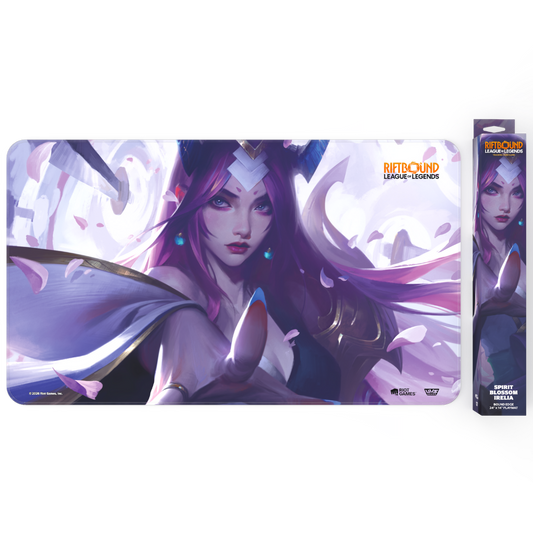 Riftbound League of Legends TCG Spiritforged playmat featuring Spirit Blossom Irelia artwork on a non slip gaming mat