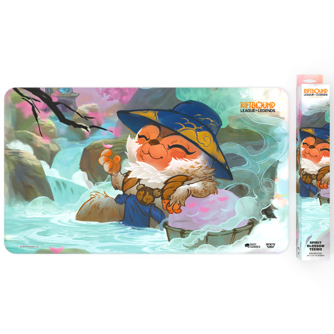 Riftbound League of Legends TCG Spiritforged playmat featuring Spirit Blossom Teemo artwork on a non slip gaming mat