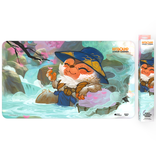 Riftbound League of Legends TCG Spiritforged playmat featuring Spirit Blossom Teemo artwork on a non slip gaming mat