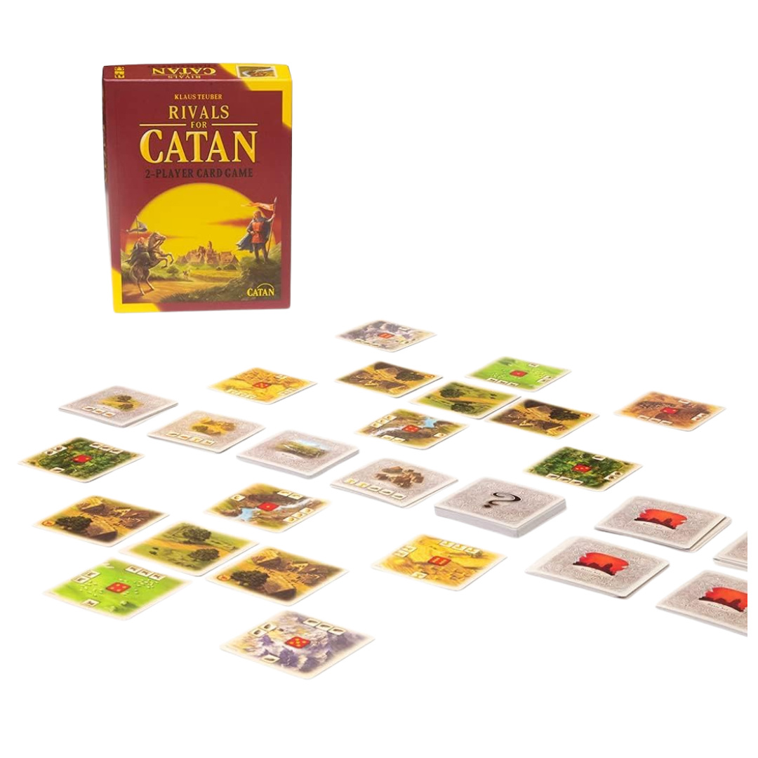 A game setup of Rivals for Catan, showing cards laid out for two players.