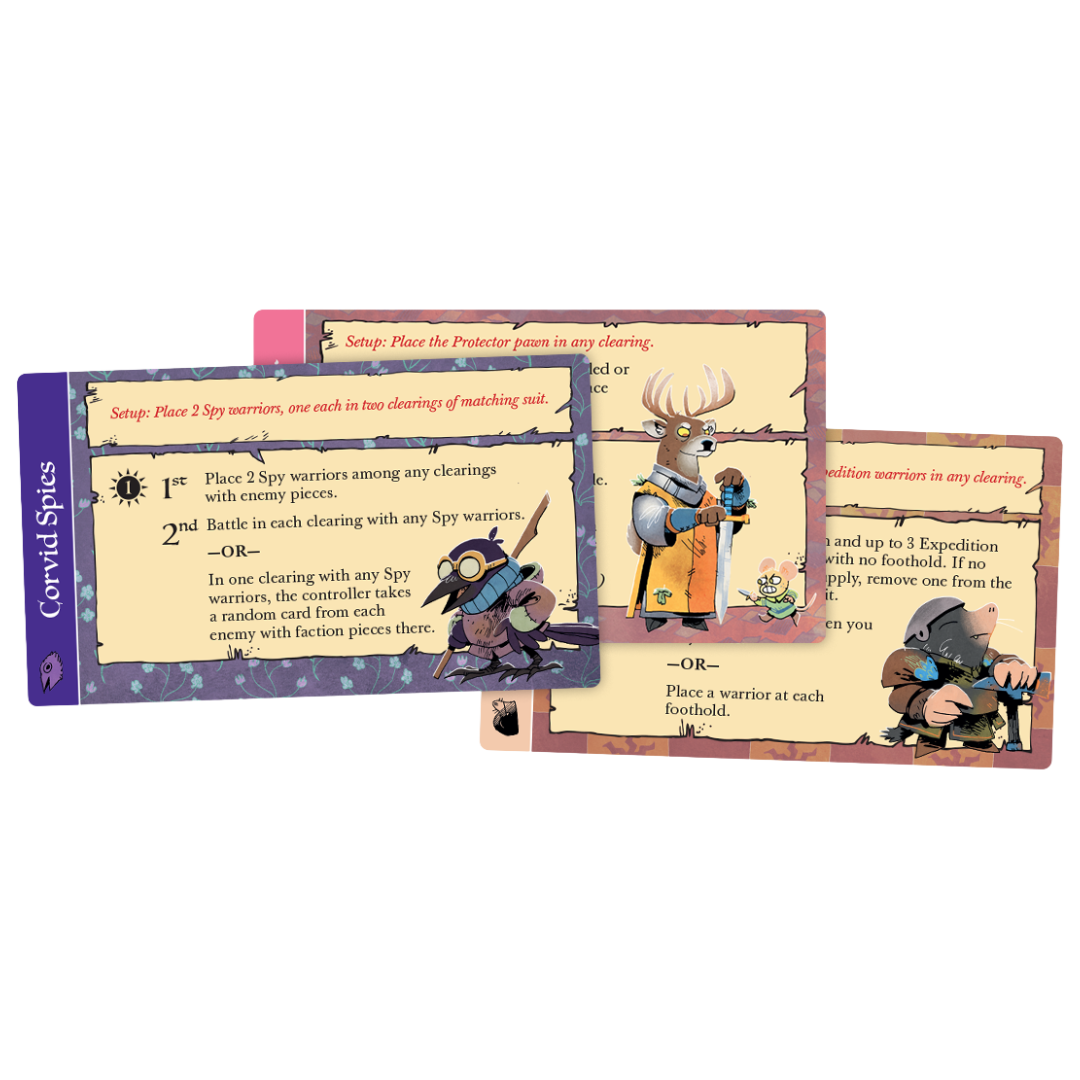 Root Underworld Hirelings Pack expansion featuring new characters, abilities, and tactical options for enhanced gameplay in the woodland strategy game.