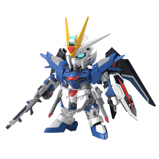 Bandai SD Rising Freedom Gundam model kit from Gundam SEED Freedom, featuring vibrant colors, detailed design, and dynamic articulation.