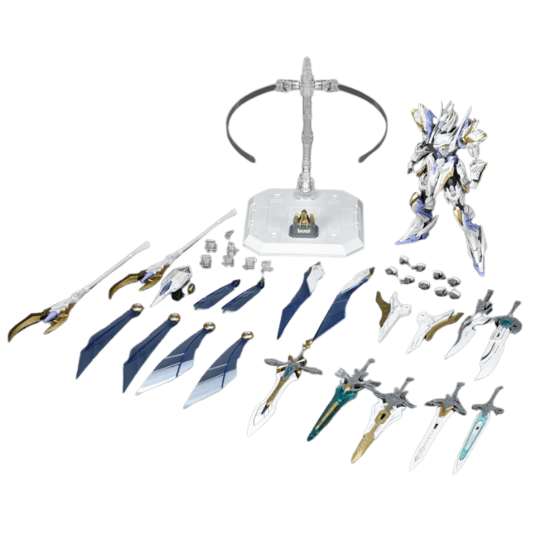 SNAA Divine Invoker Percival Deluxe 1/144 scale model kit displayed on stand with multiple floating sword weapons