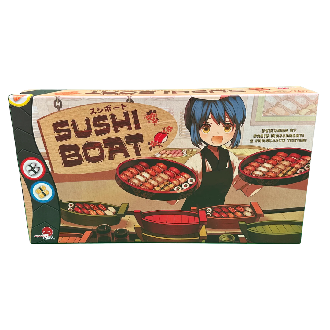 Sushi Boat board game featuring fast-paced sushi drafting, strategic gameplay, and vibrant artwork.
