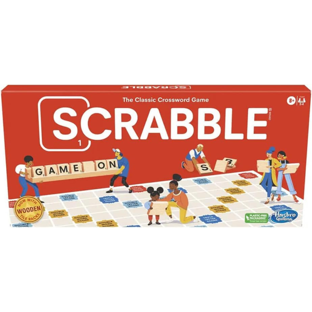 Scrabble Classic board game featuring a textured gameboard, 100 wooden letter tiles, wooden tile racks, and a drawstring letter bag.