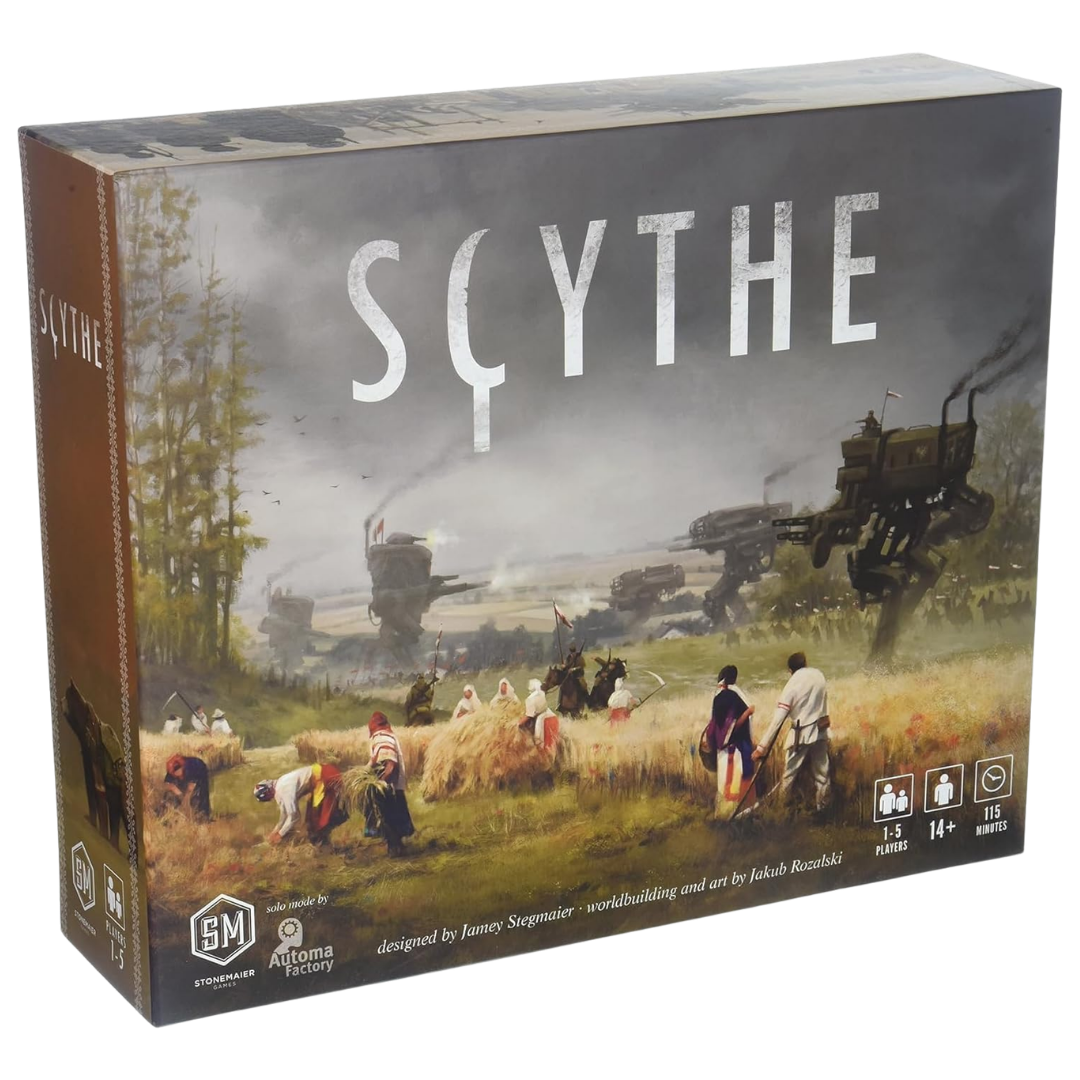 Scythe board game box featuring alternate history mechs and farming artwork