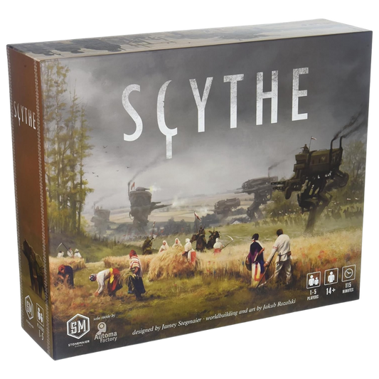 Scythe board game box featuring alternate history mechs and farming artwork