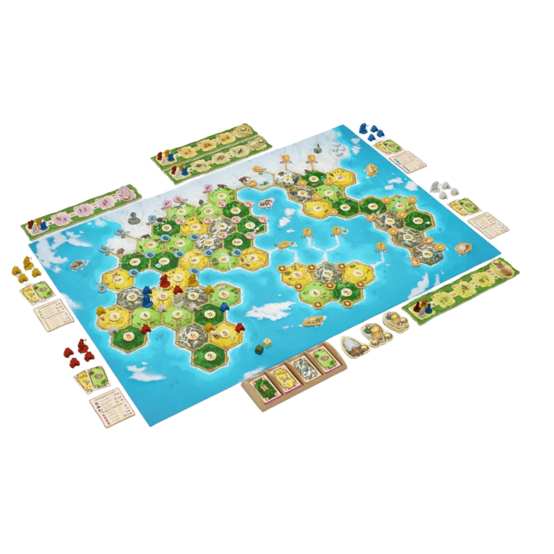 Settlers of Catan: Dawn of Humankind board game, featuring prehistoric themes, resource management, and strategic gameplay in a standalone adventure.