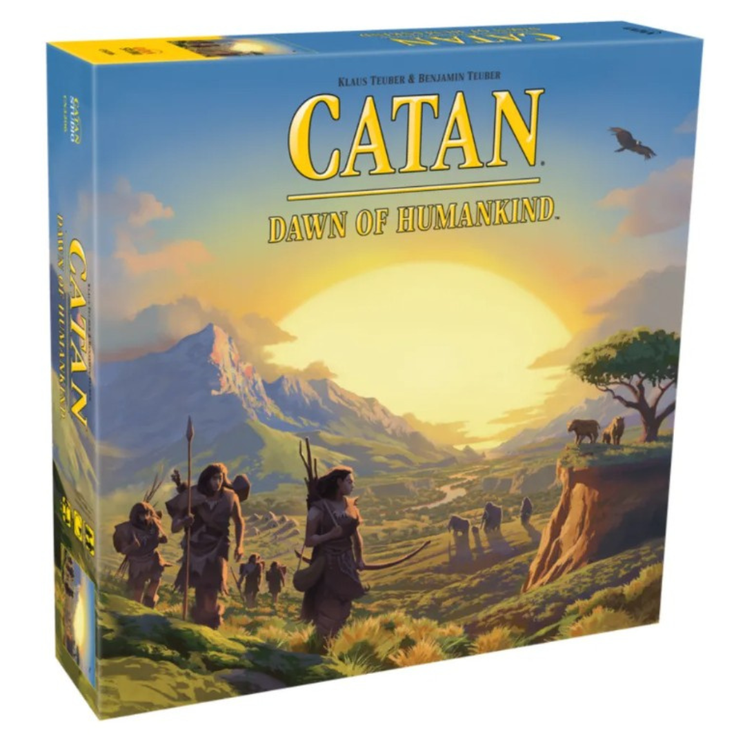 Settlers of Catan: Dawn of Humankind board game, featuring prehistoric themes, resource management, and strategic gameplay in a standalone adventure.
