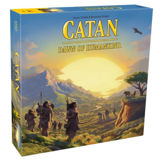 Settlers of Catan: Dawn of Humankind board game, featuring prehistoric themes, resource management, and strategic gameplay in a standalone adventure.